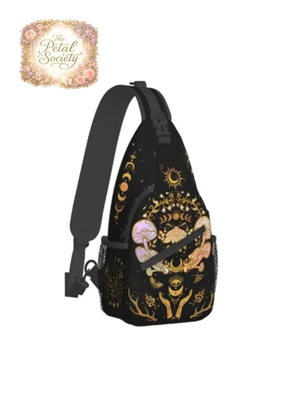 Witchy Crossbody Sling Bag with Moth Moon Mushroom Print, Polyester Travel Bag